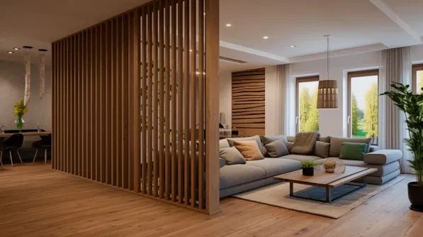 Open-plan living room divided by full-height wooden partition slats