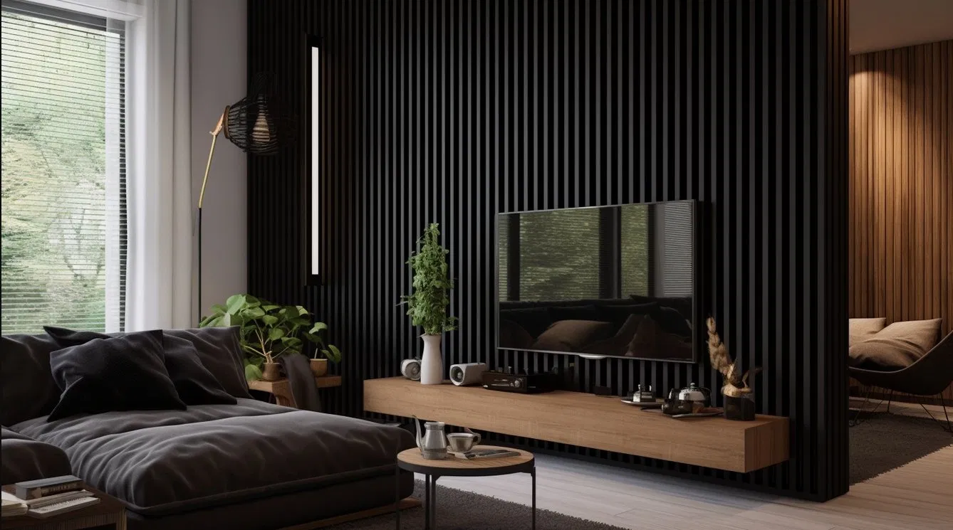 Premium 3D black wall slats media wall installation